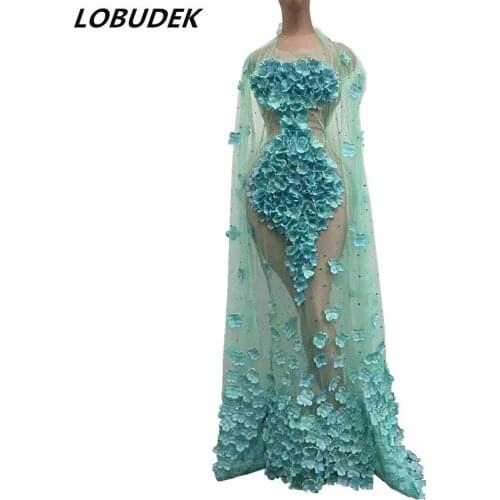 Wedding Celebrate Evening Party Flower Dresses Sky Blue Floral Mesh Transparent Tail Shawl Long Dress Singer Host Stage Costume