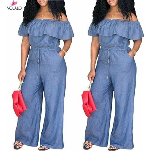 Women Playsuits 2021 Summer Rompers Sexy Club Demin Overalls Female Loose Wide Leg Long Pants Plus Size M-4XL Trousers