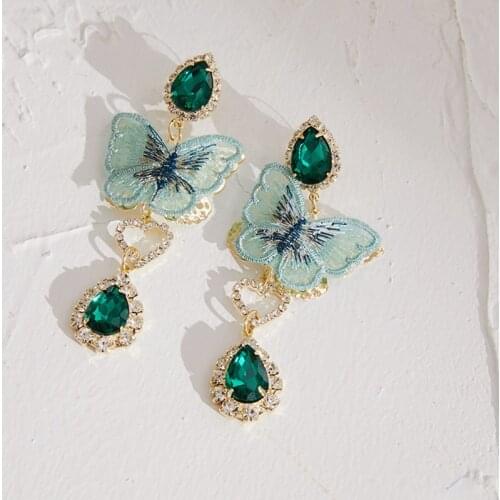 MENGJIQIAO Korean Vintage Green Embroidery Butterfly Waterdrop Crystal Drop Earrings For Women Fashion Pendientes Party Jewelry
