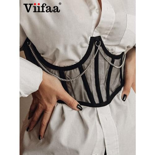 Viifaa Chain Detail Breast Support Mesh Corsets Wide Belt for Women Fashion Accessories Lace Up Back Slim Fit Corset
