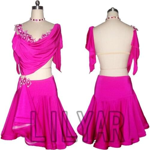New Latin Dance Dress Latin Skirt Competition Dress Costumes Performing Dress Sparkly Rhinestones Adult Customize Children Rose
