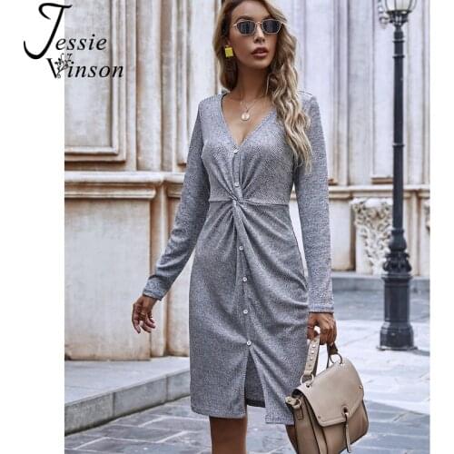 Jessie Vinson Sexy V-neck Knitted Sweater Dress Women Grey Bodycon Knee Length Knit Dress Office Button Dress Autumn Vestidos