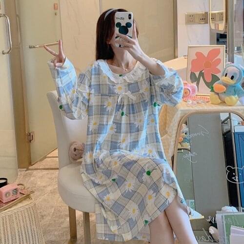 2020 New Autumn Casual Plaid Long Sleeve Nightgowns for Women Cute Lace Sleepwear Loose Night Dress Home Dress Nightdress Nighty