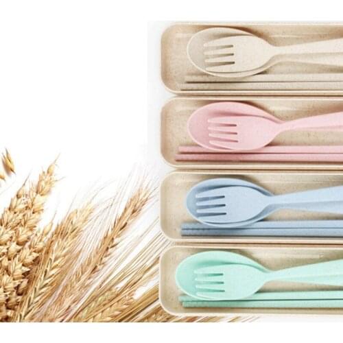 3 Pcs/set Wheat Straw Travel Tableware Cutlery Set With Dinnerware Case Cutlery Set Portable LX8060