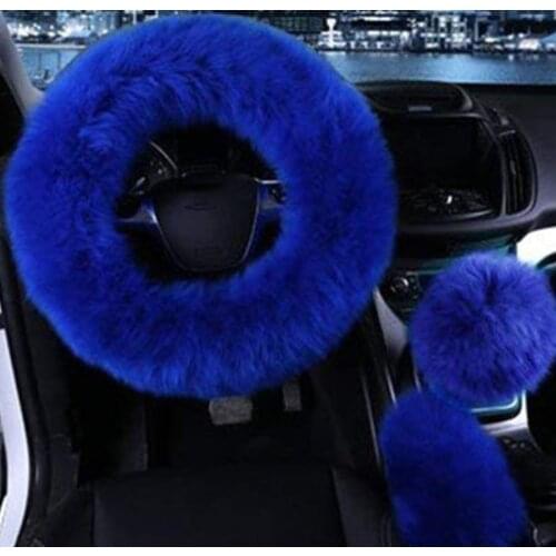 3pcs/Set High Quality Artificial Fur Car Auto Long Plush Warm Steering Wheel Handbrake Cover Blue