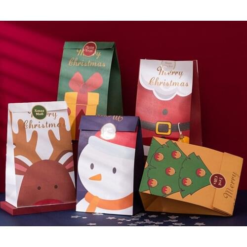 6pcs New Year Gift Bag Cartoon Candy Kraft Paper Bag Baking Cookie Bag Flat Mouth Paper Bag Christmas Gift Bag Decration