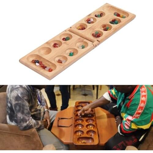 Africa Mancala Board Game with Colorful Natural Stones Pebbles Folding Wooden Board Chess Set for Kids Adult Party Travel Puzzle