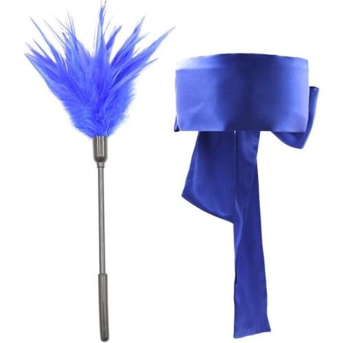 Satin Fun Eye Mask Blue Satin Ribbon Can Be Tied To Hand Feather Toy Props Cross-border Set 2 Pieces