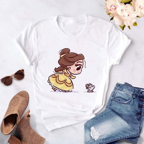Princess Belle Beauty and the Beast T Shirt Cartoon Print Female Grunge Ulzzang Tshirt Funny Tops Shirts Fashion Cute Girls Tee