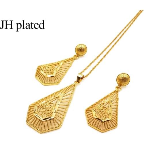 JHplated Ethiopian Jewelry Gold Color 45cm Necklace Pendant earrings for African /Ethiopia /Eritrean Women wedding jewelry sets