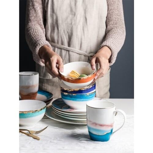 Ceramic cutlery creative gold inlay dinnerware 10 inch plates rice bowls pigmented Europe style porcelain mugs with handgrip
