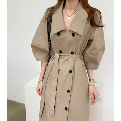 Classic Casual Trench Coat Women Lapel Double-breasted Slim Five-Point Bubble Sleeves Straight Windbreaker Female Pocket E205
