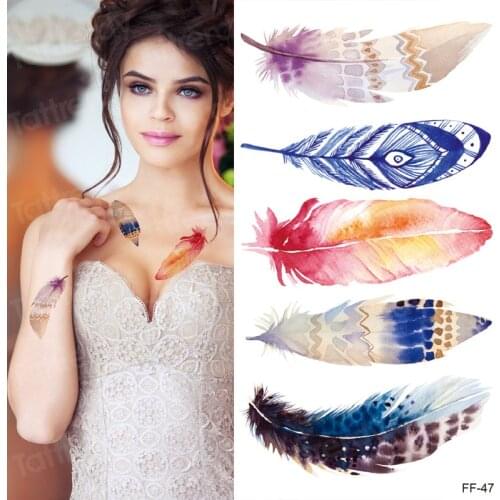 Beauty colorful feather fake waterproof temporary tattoo rose sketch flower dragon for women men arm body paint tattoo lettering