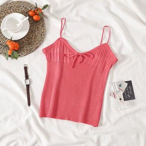 Tank Top Women Summer Sexy V Neck Drawstring Bow Sleeveless Slim Solid Color Camisole Knit Vest 2021