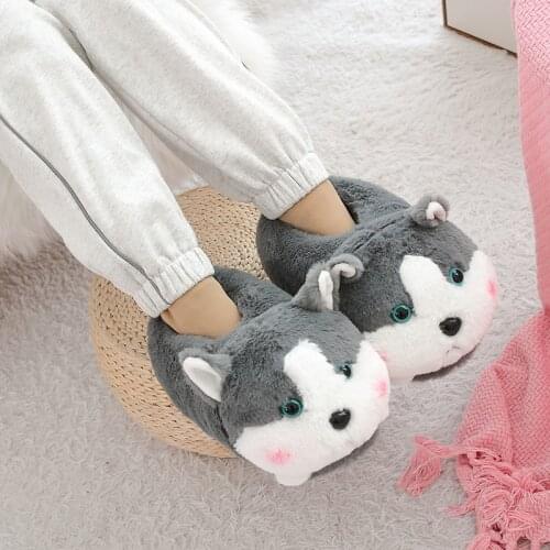 Millffy cute warm dog slipper gray Husky animal winter Home Floor Soft animal Slippers Female slipper Girls Winter Warm Shoes