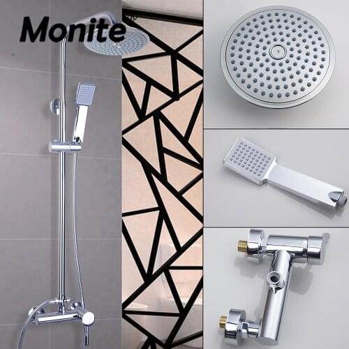 Monite Chrome Polished Bathroom Shower Faucet Set 3 Functions Rainfall 8 Inch Shower Head 1 Handle Mixer Control w/ Hand Shower