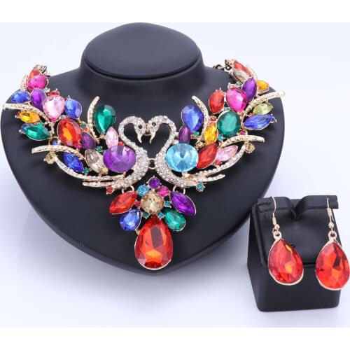 Fashion Crystal Bridal Jewelry Sets Colorful Swan Gold Color Women Gift Party Wedding Prom Necklace Earring Accessories Sets