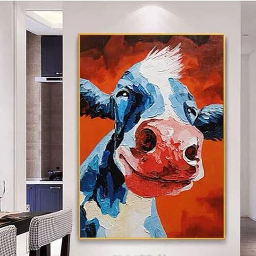 Wall Art Paintings Hand Painted Modern Cute Cow Oil Painting on Canvas Picture For Living Room Home Decor No Frame