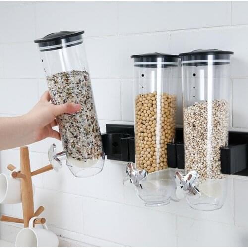 Wall-Mounted Cereal Dispenser Canister Press Grain Storage Box Dry Food Container Organizer Kitchen Accessories 1-2L