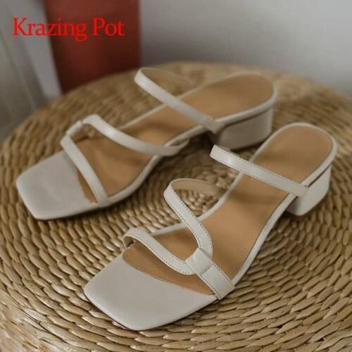 Krazing pot new square toe med heels flip flop daily wear young lady simple style streetwear gentlewomen mules sandals women L32