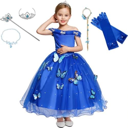 Girl Wedding Princess Dress Rella Role Playing Frocks Kids Party Cosplay Costume Blue Sleeveless Mesh Ball Gown Children Clothes