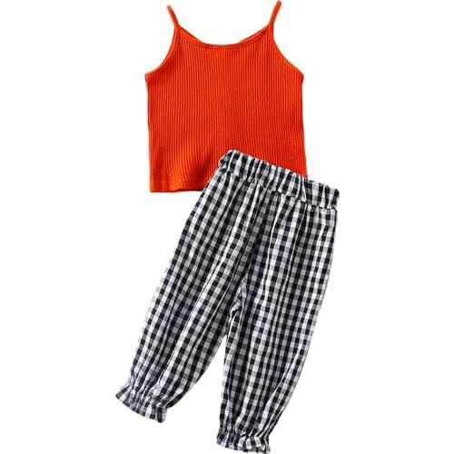 3-7Years Girls Casual Two-piece Clothes Set Red Solid Color Ribbed Cloth Sleeveless Tops + Long Pants