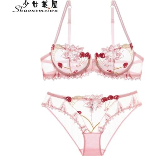 Shaonvmeiwu sexy transparent lingerie lace embroidery thin thin pink bra cherry fruit bra suit