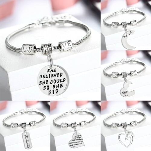 Heart Dog Tag Paw Footprint Big Middle Little Sis Sister Dad Mom Horse Head She Believed She Could Bracelets Bangle Family Gifts