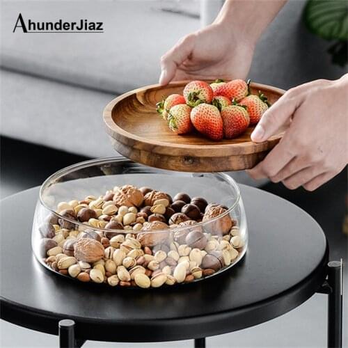 Acacia Wood Glass Fruit Plate Nut Storage Box Double Layer Glass Storage Box Candy Container with Wooden Lid for Home Kitchen