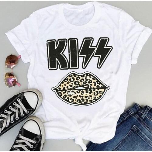 Women Cartoon Fashion Leopard Printing Lip Ladies Print Sweet Summer Short Sleeve Lovely Clothes Tops Tees Tshirt T-Shirt