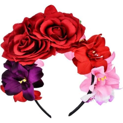 Womens Mexican Simulated Rose Flower Crown Headband Day of The Dead Halloween Headpiece Colorful Fake Stamen Party Hair Hoop