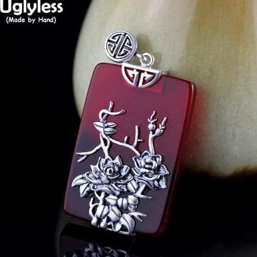 Uglyless Big Size 61X30MM Rectangle Garnet Pendants for Women Thai Silver Peony Flower Tree Necklace NO Chain 925 Silver Jewelry