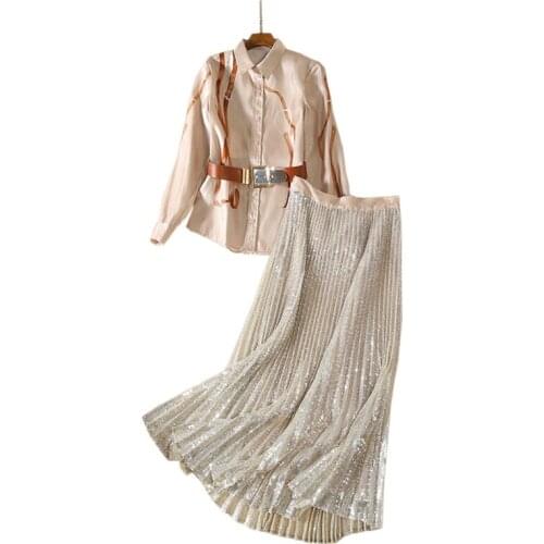 Designer Style Womens Suits Set 2pcs Outfits Print Shirt Turn-Down Collar Long Sleeve Blouse Top + Pleated Maxi Sequin Skirt