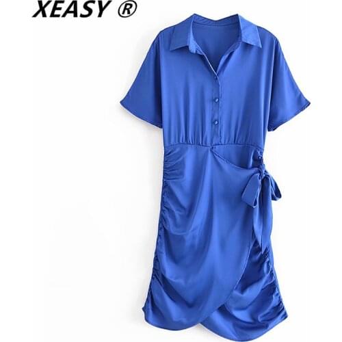 XEASY Summer Za Woman 2021 Blue Satin Dress Wrap Short Dresses Female Short Sleeve Mini Dress Knot Elegant Vestido
