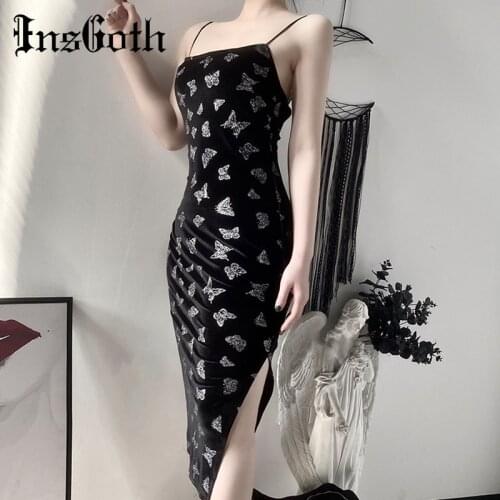 InsGoth Spaghetti Straps Bodycon Long Dress Women Sexy Split Sleeveless Backless Butterfly Print Party Dress Female Maxi Dress