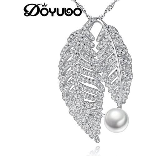 DOYUBO Luxury Womens Freshwater Pearl Leaf Shape Pendant Necklace High Quality New Lady Pearl Charms Chains Fine Jewelry VA275