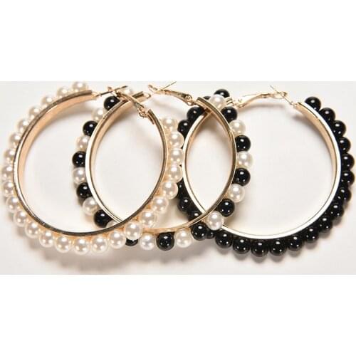 1 Pair New Women Girls Jewelry Hoop Earring Black White Pearl Earring With Stainless Steel Pin Big Circle Loop Earrings