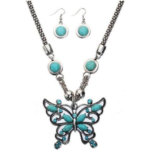 Free shipping Fashion Vintage Jewelry sets butterfly charm Pendants Calaite gems stone Necklaces & Earring