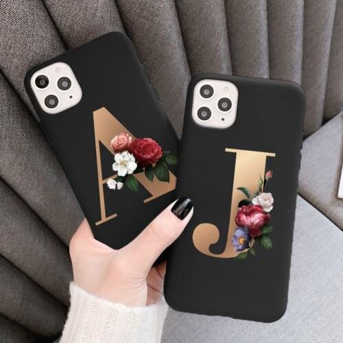 Gold Alphabet Letter Case For Samsung Galaxy A21S A51 A71 A50 A70 A10 A20 A20E A30 A30S A50S A31 A40 Black Flower TPU Cover Capa