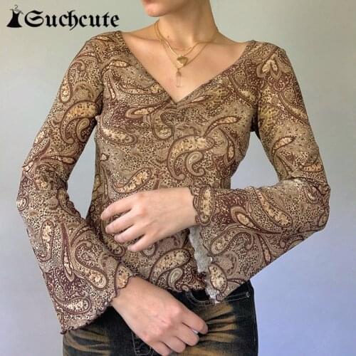 SUCHCUTE Vintage Printed Sexy V Neck T-Shirts Women Slim Harajuku Aesthetic Flare Long Sleeve Y2K Tops Casual Elegant Female