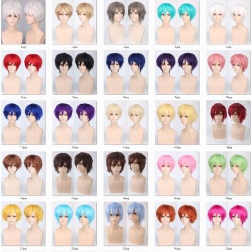 Short Fluffy Layered Red Silver Gray Golden Yellow Green Pink Purple Orange White Universal Synthetic Bangs Cosplay Wig +Wig Cap