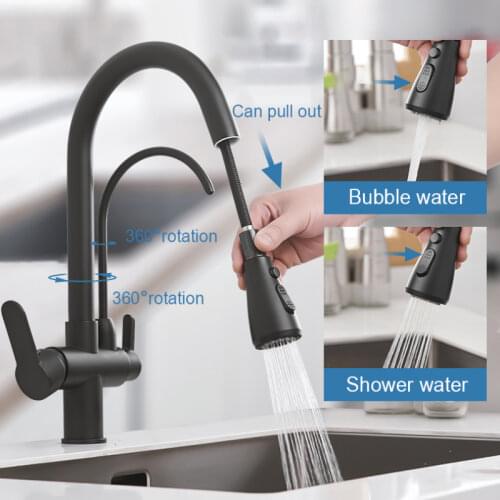 Deck Mounted Black Kitchen Faucets Pull Out Hot Cold Water Filter Tap for Kitchen Three Ways Sink Mixer Kitchen Faucet