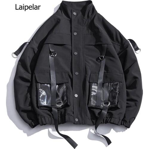 Men Military Jacket Coats Casual Windbreaker Ribbons Pockets Mens Overalls Bomber Jacket Hip Hop Streetwear Man Outwear
