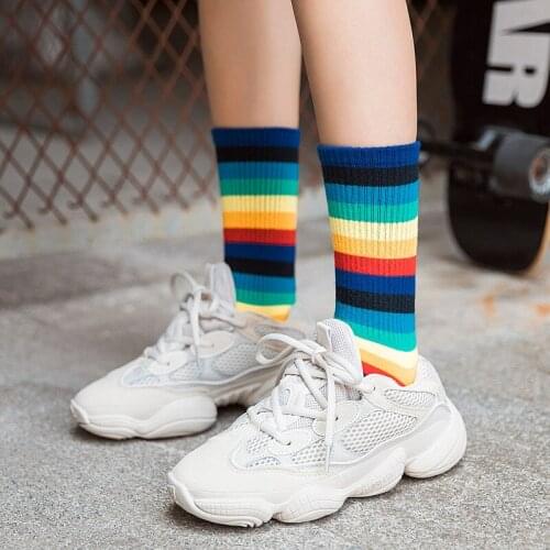 Summer Fashion Trendy Women Socks Rainbow Striped Ins Harajuku Fun Happy Kawai Street Style Skateboard Colors Sports Meias