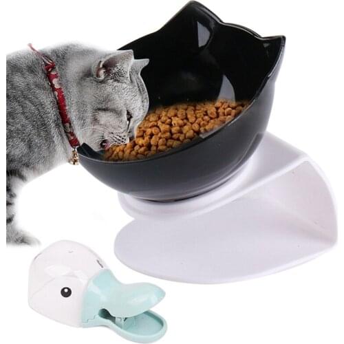 Cat Bowl With Stand Non-Slip Water Food Feeder Transparent Inclined Cat Ear Shape Round Bowl With Pet Food Scoop Dog Supplies