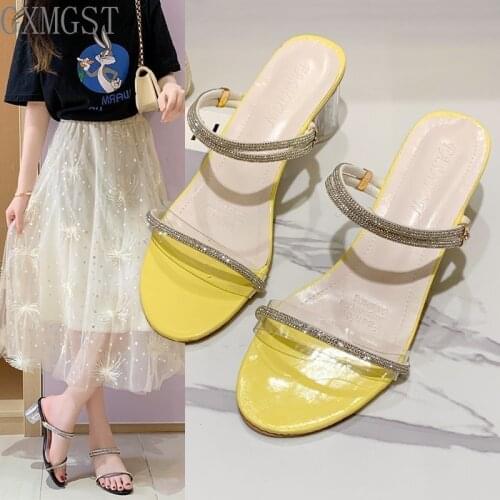 New Transparent Cool Women Shoes Woman Mules 2021 Summer Crystal Shoes Spike High Heels Buckle Ladies Shoes Slides Slippers