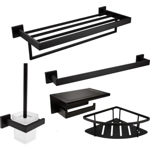 5-Piece Bathroom Hardware Set Towel Hook Towel Bar basket Paper Holder Toilet brush holder, Stainless Steel Wall Mounted, Black