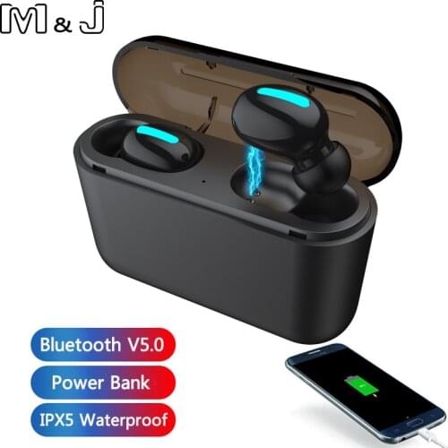 M&J TWS Bluetooth 5.0 headphone 3D headset stereo wireless earphone with mic and power bank charging box for iphone