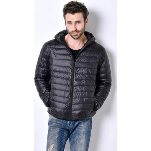 New High-end Warm Fashion for Men Feather Hooded Down Jacket Pure Color Boutique Mens Hooded Down Coat Thin Light Jackets 5XL
