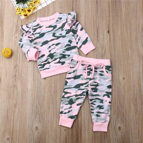 Toddler Kids Baby Girl Clothes Ruffle pullover long sleeve round neck T-shirts pocket Bandage camouflage Pants 2pc autumn Outfit